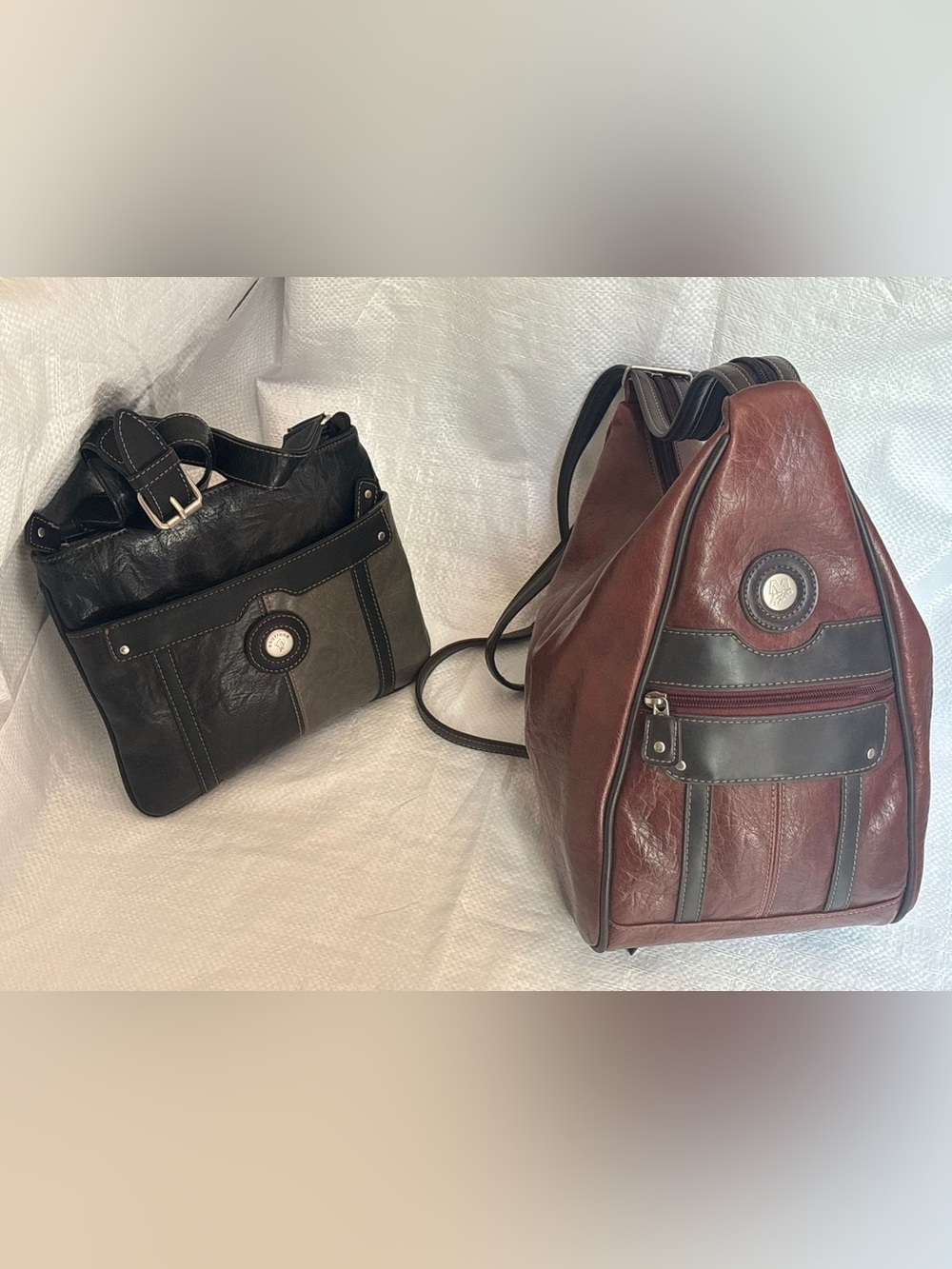2 Mouflon bags - (1)brown sling backpack and (2) classic two-tone crossbody bag - Picture 3 of 4
